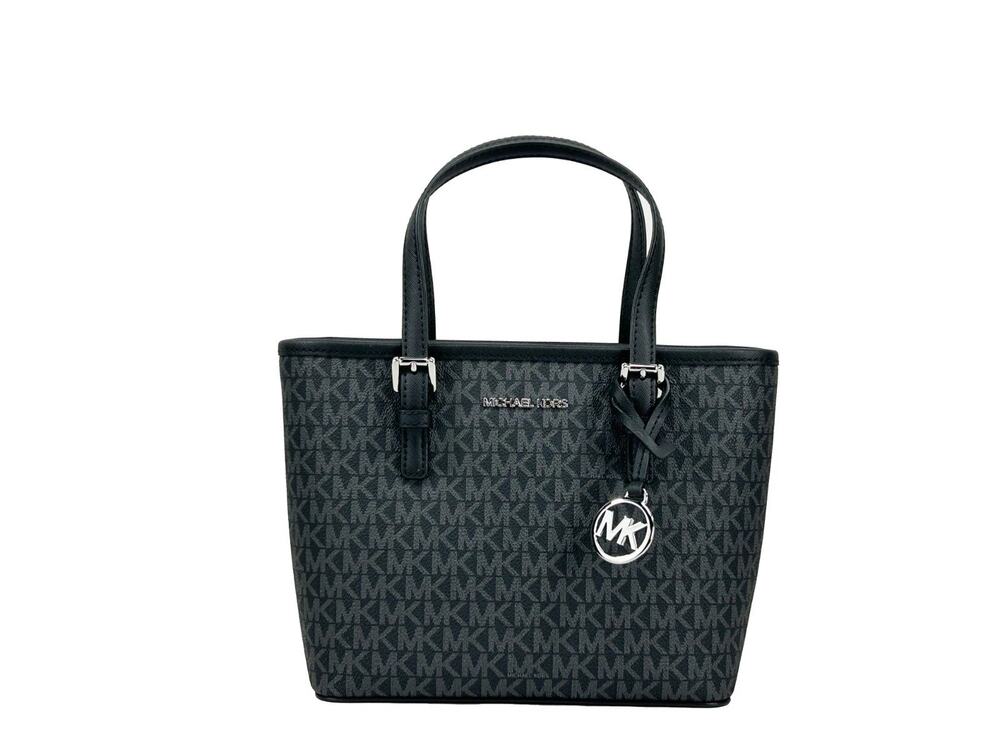 Michael Kors Jet Set Black Signature XS Carryall Top Zip Tote Bag Purse New